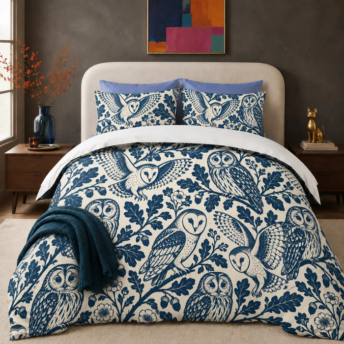 Indigo Block Print Owl comforter set — indigo barn owls and tawny owls among bold oak leaves and acorns on cream