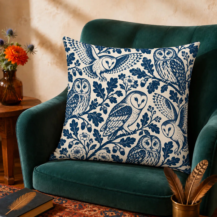 Indigo Block Print Owl cushion cover set — indigo barn owls and tawny owls among bold oak leaves and acorns on cream
