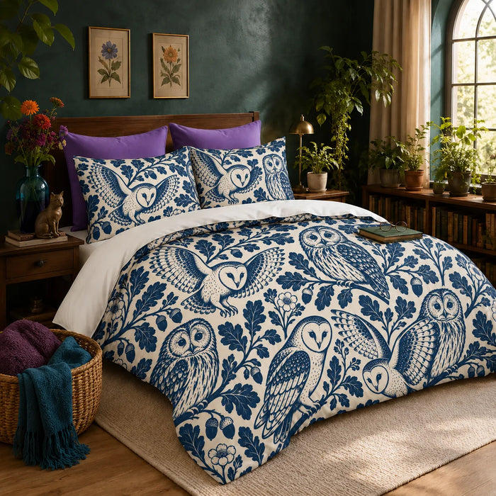 Indigo Block Print Owl duvet cover set — indigo barn owls and tawny owls among bold oak leaves and acorns on cream