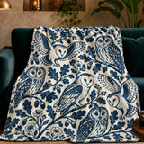 Indigo Block Print Owl Fleece Throw Blanket