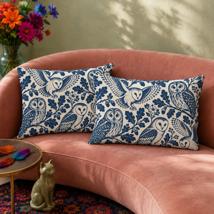 Indigo Block Print Owl pillowcase set — indigo barn owls and tawny owls among bold oak leaves and acorns on cream