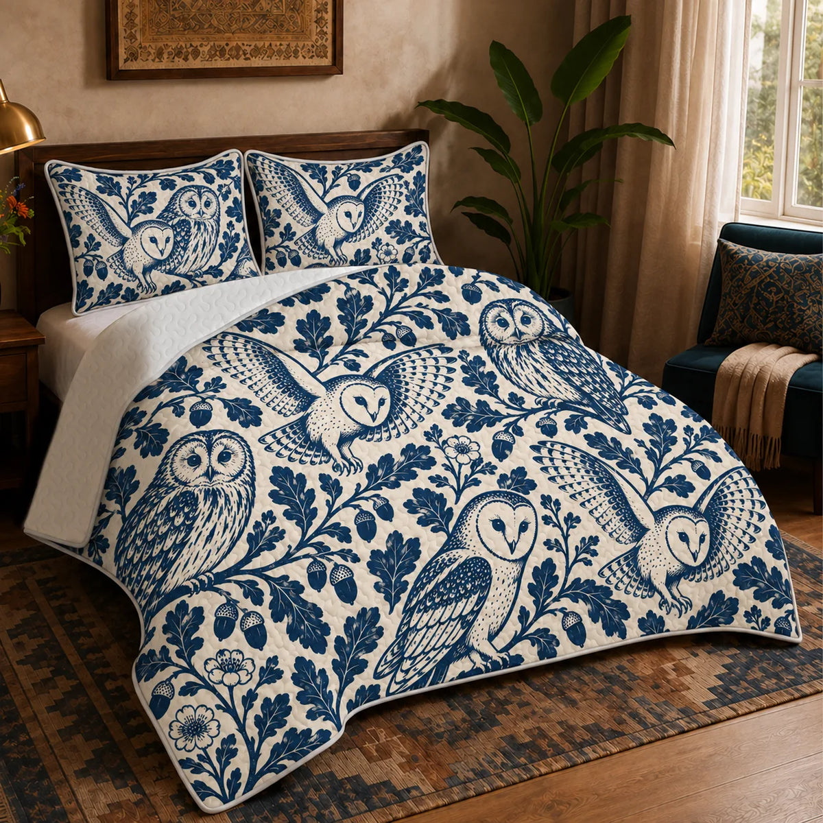 Indigo Block Print Owl quilt set — indigo barn owls and tawny owls among bold oak leaves and acorns on cream