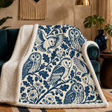 Indigo Block Print Owl Sherpa Blanket
