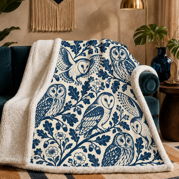 Indigo Block Print Owl sherpa blanket — indigo barn owls and tawny owls among bold oak leaves and acorns on cream
