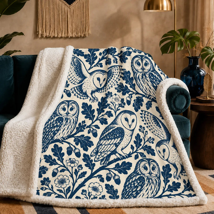 Indigo Block Print Owl sherpa blanket — indigo barn owls and tawny owls among bold oak leaves and acorns on cream