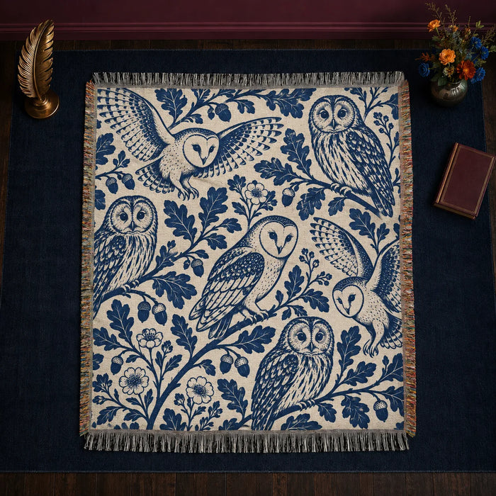 Indigo Block Print Owl woven throw blanket — indigo barn owls and tawny owls among bold oak leaves and acorns on cream