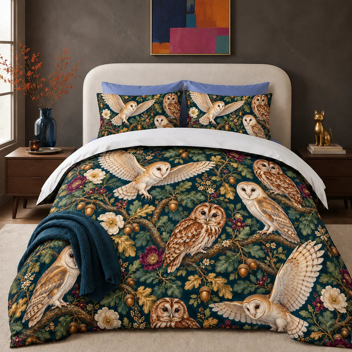 Jewel Botanical Owl comforter set — barn and tawny owls among gold-green oak leaves, acorns and plum roses on teal