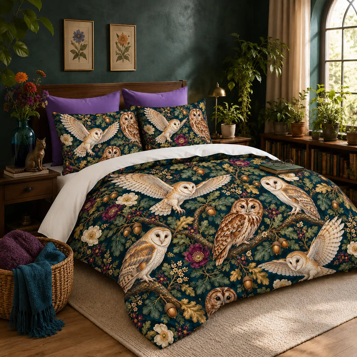 Jewel Botanical Owl duvet cover set — barn and tawny owls among gold-green oak leaves, acorns and plum roses on teal