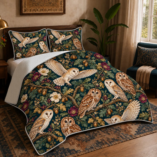 Jewel Botanical Owl quilt set — barn and tawny owls among gold-green oak leaves, acorns and plum roses on teal