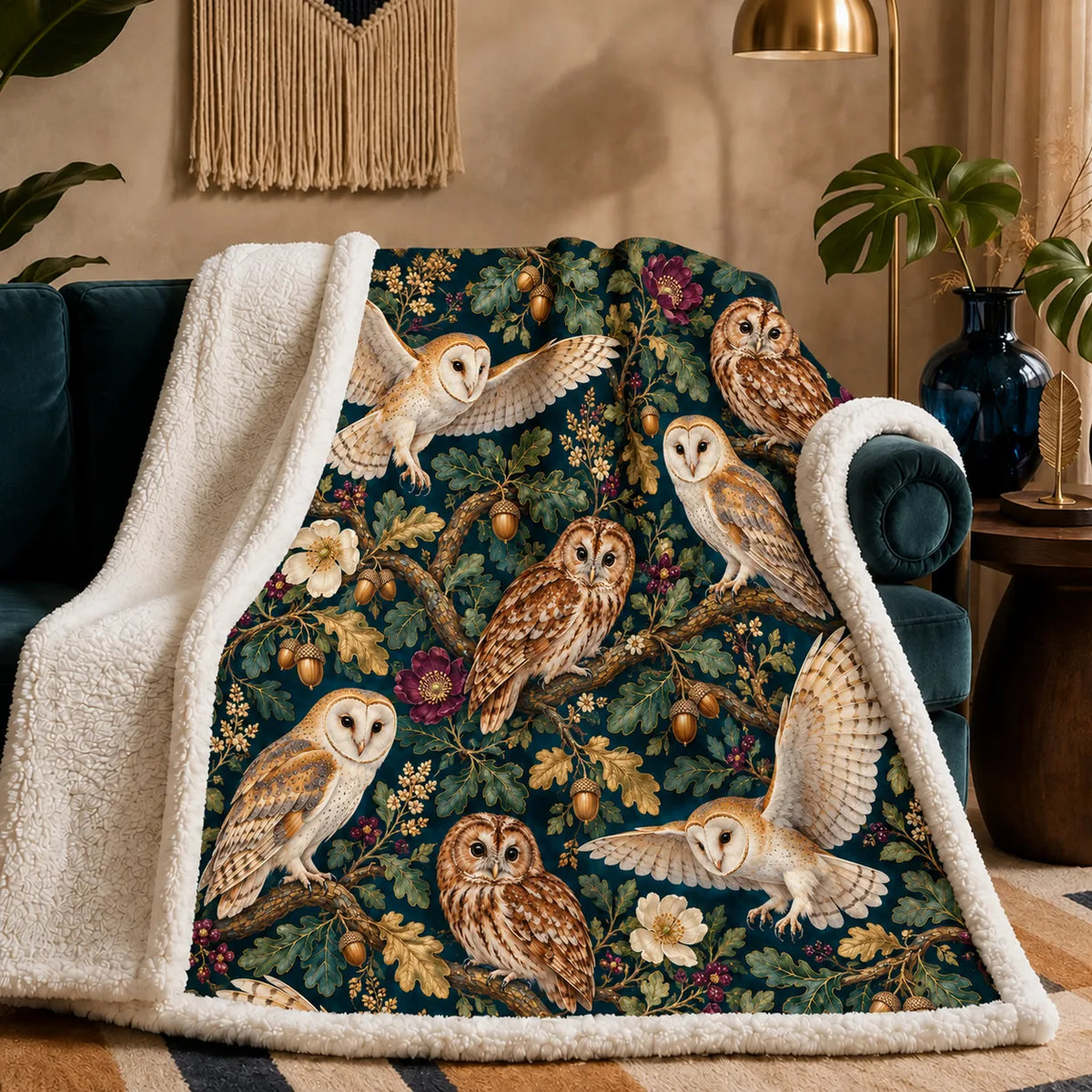 Jewel Botanical Owl sherpa blanket — barn and tawny owls among gold-green oak leaves, acorns and plum roses on teal