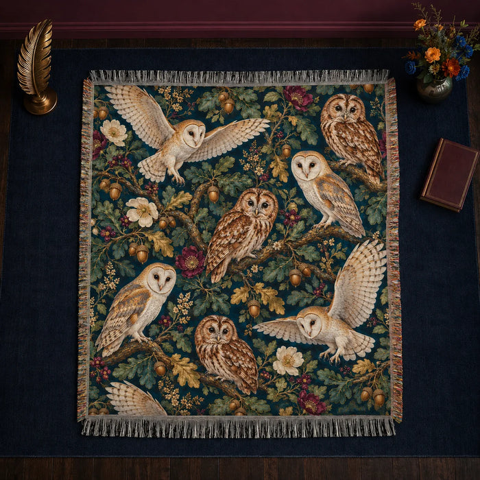 Jewel Botanical Owl woven throw blanket — barn and tawny owls among gold-green oak leaves, acorns and plum roses on teal