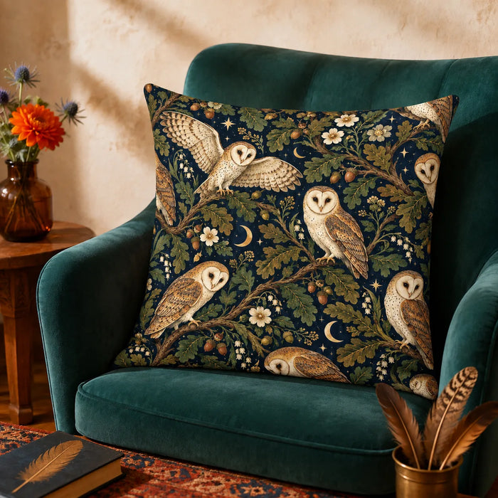 Midnight Oak Owl cushion cover set — cream barn owls among olive oak leaves, acorns, gold crescent moons and stars on deep navy