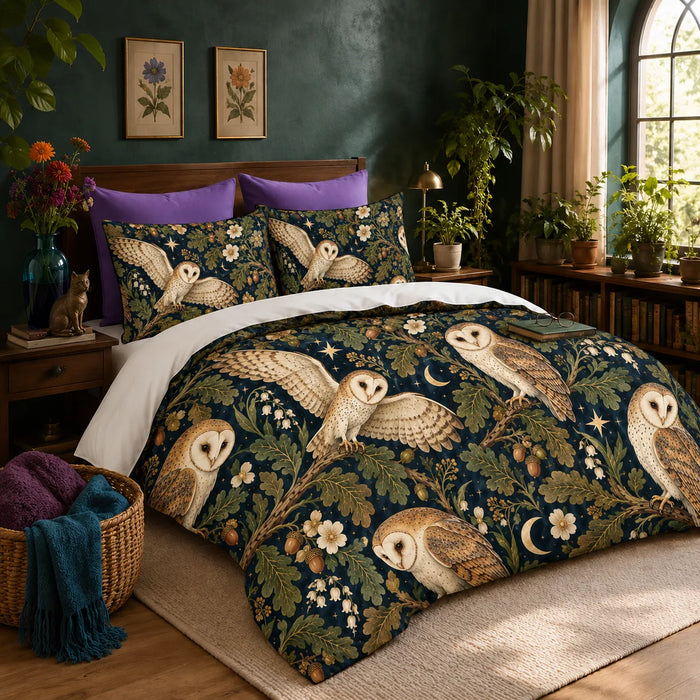 Midnight Oak Owl duvet cover set — cream barn owls among olive oak leaves, acorns, gold crescent moons and stars on deep navy