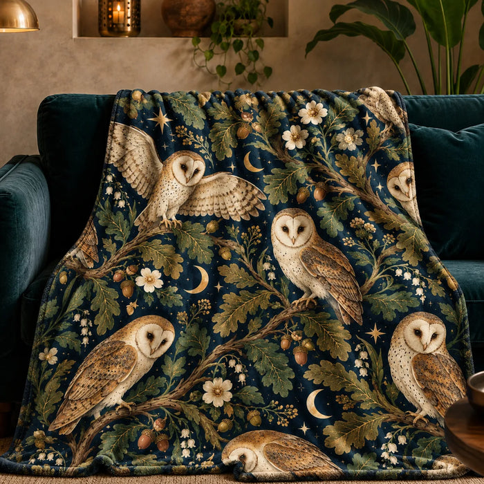 Midnight Oak Owl fleece throw blanket — cream barn owls among olive oak leaves, acorns, gold crescent moons and stars on deep navy