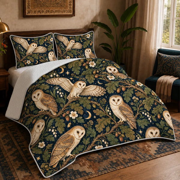 Midnight Oak Owl quilt set — cream barn owls among olive oak leaves, acorns, gold crescent moons and stars on deep navy