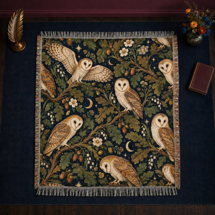 Midnight Oak Owl woven throw blanket — cream barn owls among olive oak leaves, acorns, gold crescent moons and stars on deep navy