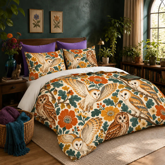 Retro Floral Owl duvet cover set — barn and tawny owls among large orange and mustard flowers and teal oak leaves on cream