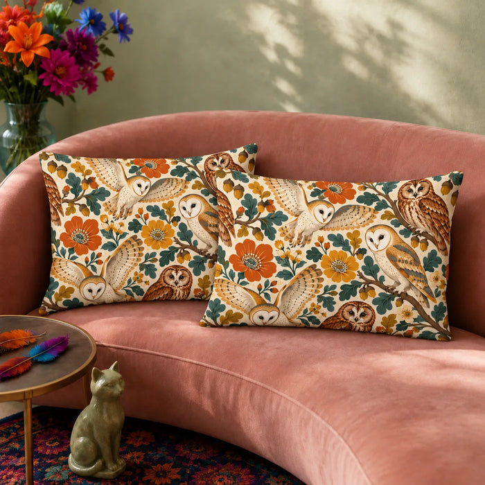 Retro Floral Owl pillowcase set — barn and tawny owls among large orange and mustard flowers and teal oak leaves on cream