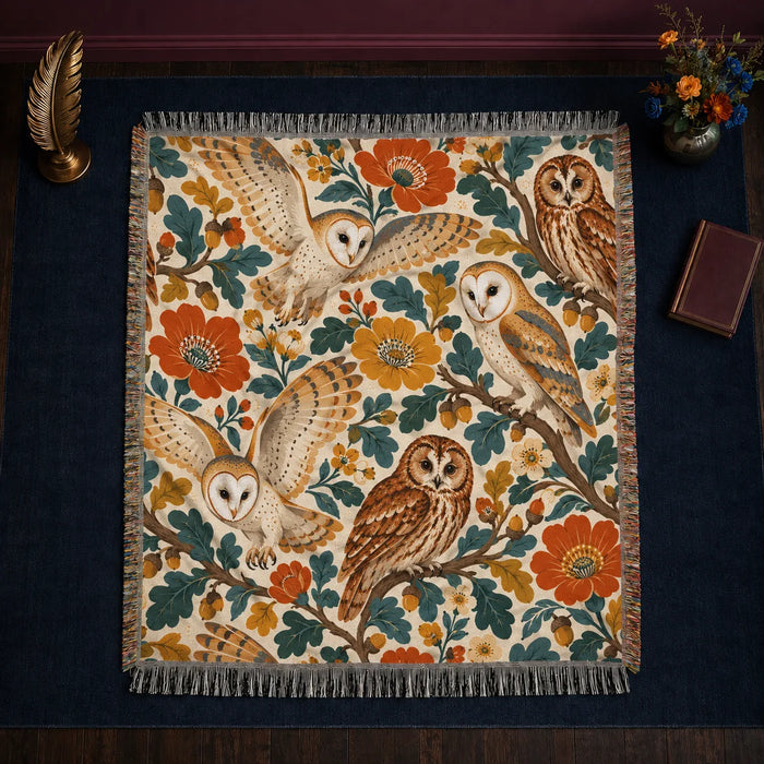 Retro Floral Owl woven throw blanket — barn and tawny owls among large orange and mustard flowers and teal oak leaves on cream