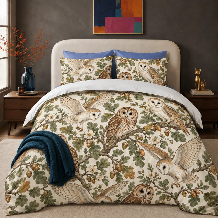Sage Ink Wash Owl comforter set — barn and tawny owls among sage oak leaves, acorns and pale wild roses on cream