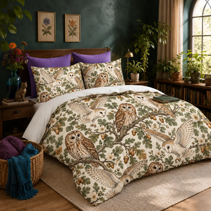 Sage Ink Wash Owl duvet cover set — barn and tawny owls among sage oak leaves, acorns and pale wild roses on cream