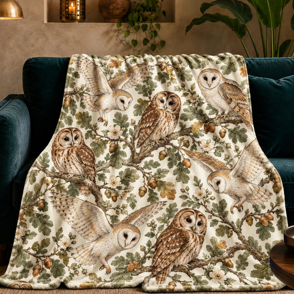 Sage Ink Wash Owl fleece throw blanket — barn and tawny owls among sage oak leaves, acorns and pale wild roses on cream