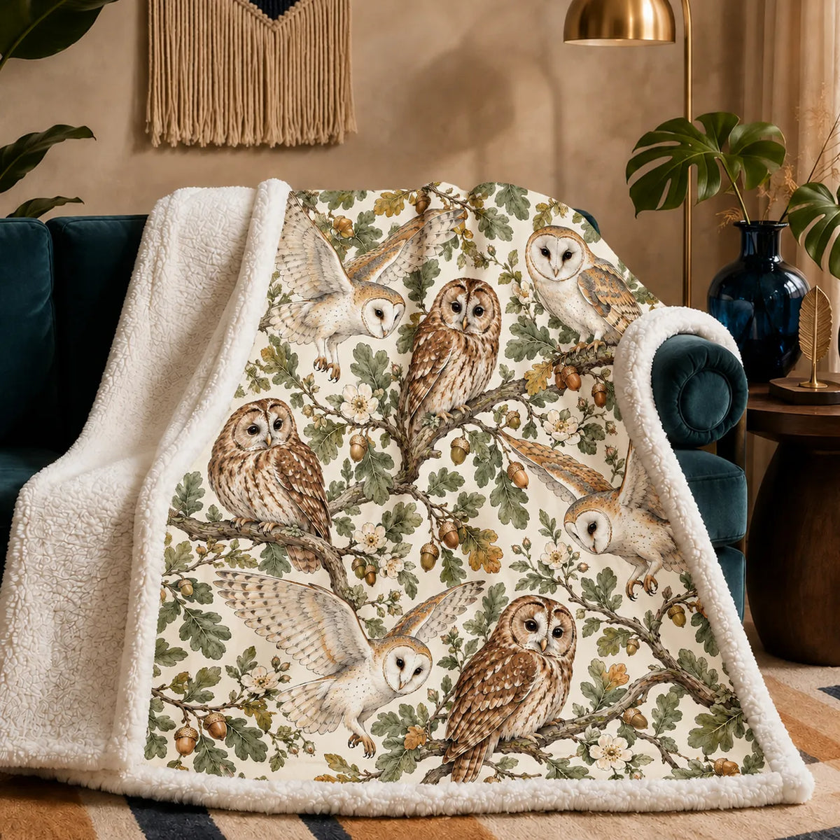 Sage Ink Wash Owl sherpa blanket — barn and tawny owls among sage oak leaves, acorns and pale wild roses on cream