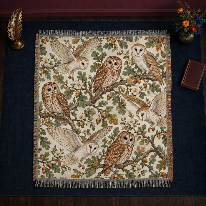 Sage Ink Wash Owl woven throw blanket — barn and tawny owls among sage oak leaves, acorns and pale wild roses on cream