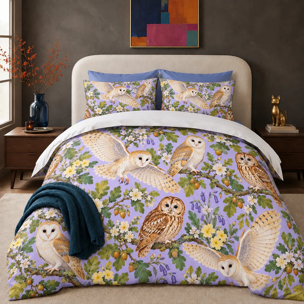 Spring Lilac Owl comforter set — barn and tawny owls with bluebells, primroses, oak leaves and acorns on lilac