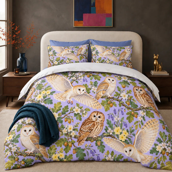 Spring Lilac Owl comforter set — barn and tawny owls with bluebells, primroses, oak leaves and acorns on lilac