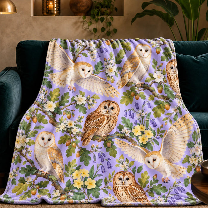 Spring Lilac Owl fleece throw blanket — barn and tawny owls with bluebells, primroses, oak leaves and acorns on lilac