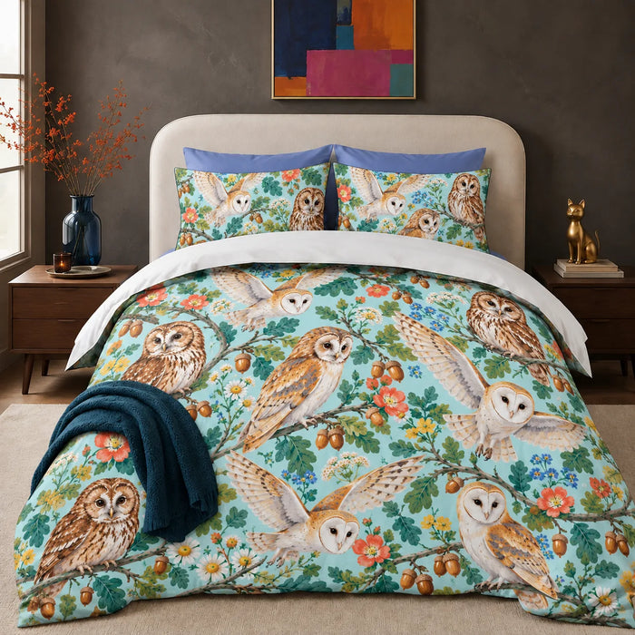 Summer Aqua Owl comforter set — barn and tawny owls with coral roses, daisies, oak leaves and acorns on aqua