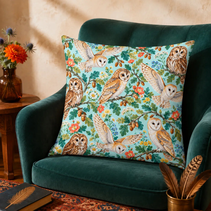Summer Aqua Owl cushion cover set — barn and tawny owls with coral roses, daisies, oak leaves and acorns on aqua