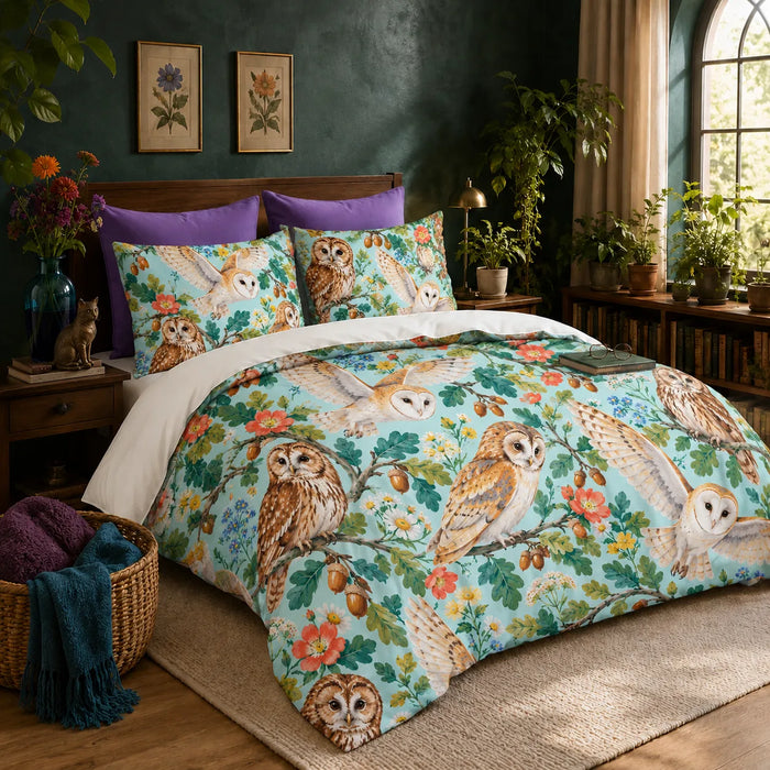 Summer Aqua Owl duvet cover set — barn and tawny owls with coral roses, daisies, oak leaves and acorns on aqua