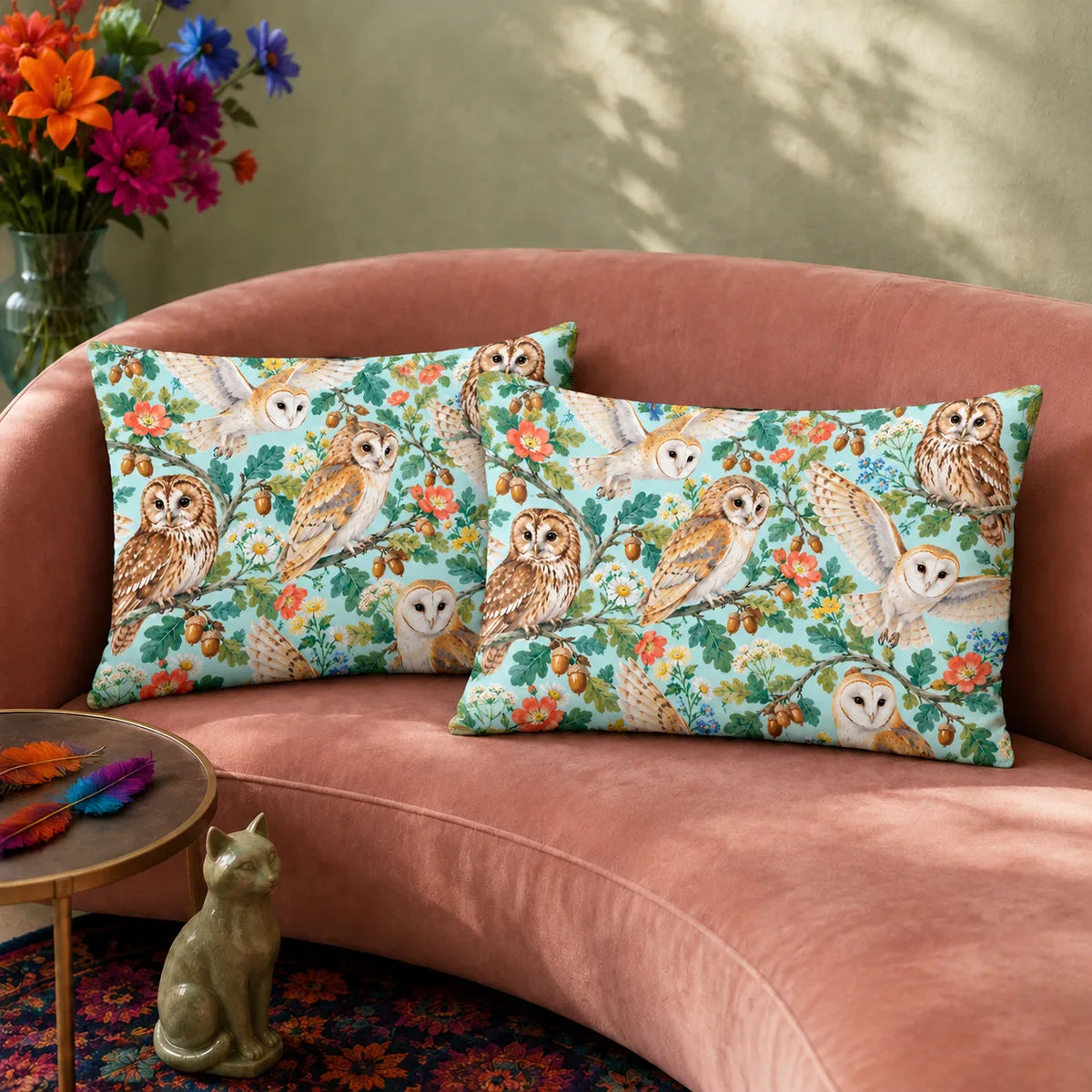 Summer Aqua Owl pillowcase set — barn and tawny owls with coral roses, daisies, oak leaves and acorns on aqua