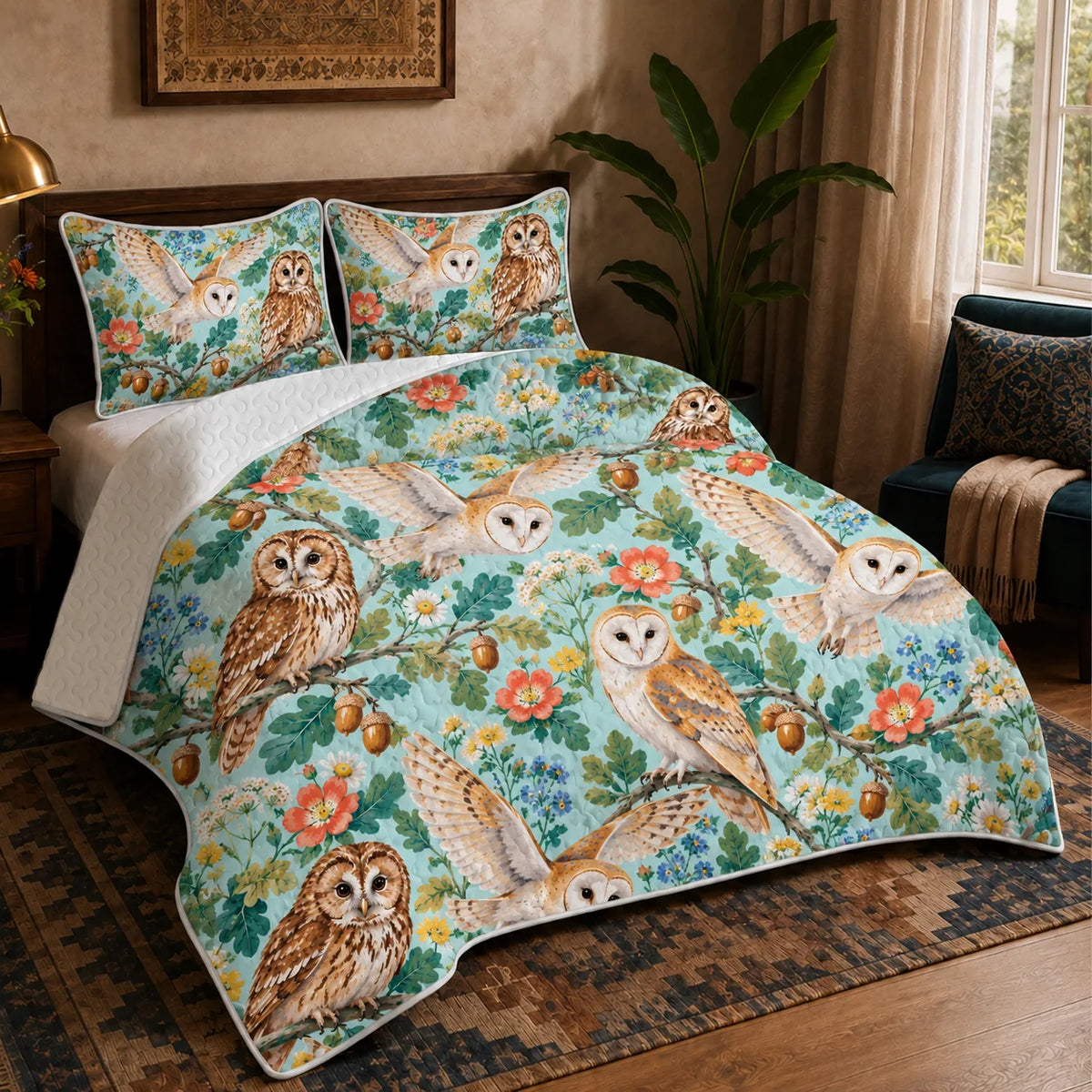 Summer Aqua Owl quilt set — barn and tawny owls with coral roses, daisies, oak leaves and acorns on aqua