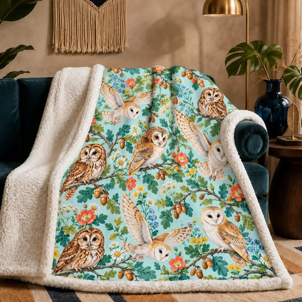 Summer Aqua Owl sherpa blanket — barn and tawny owls with coral roses, daisies, oak leaves and acorns on aqua