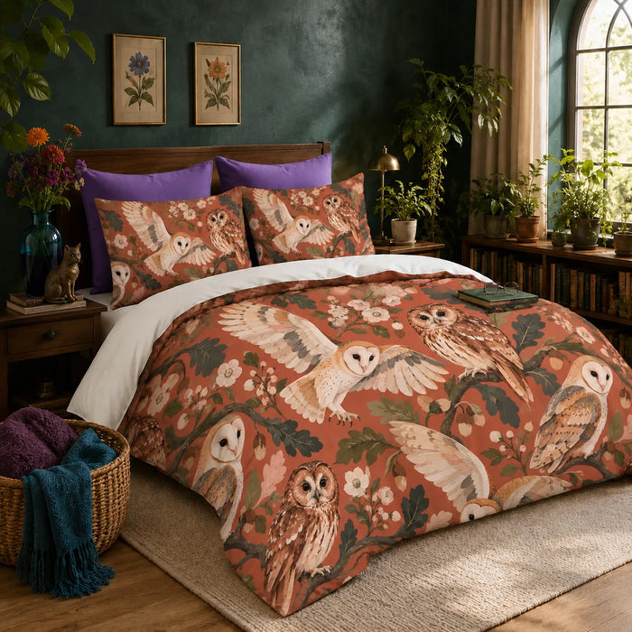 Terracotta Modern Owl duvet cover set — cream barn owls and tawny owls among dark green oak leaves and blossoms on terracotta
