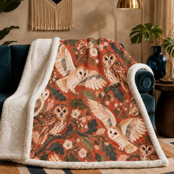 Terracotta Modern Owl sherpa blanket — cream barn owls and tawny owls among dark green oak leaves and blossoms on terracotta