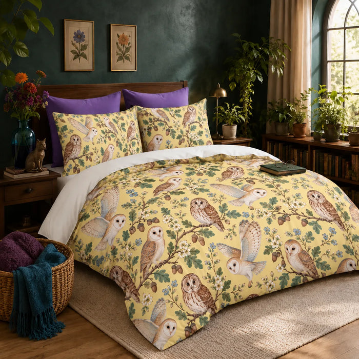 Tiny Ditsy Owl duvet cover set — small barn and tawny owls with oak sprigs, acorns and blue flowers on buttery yellow