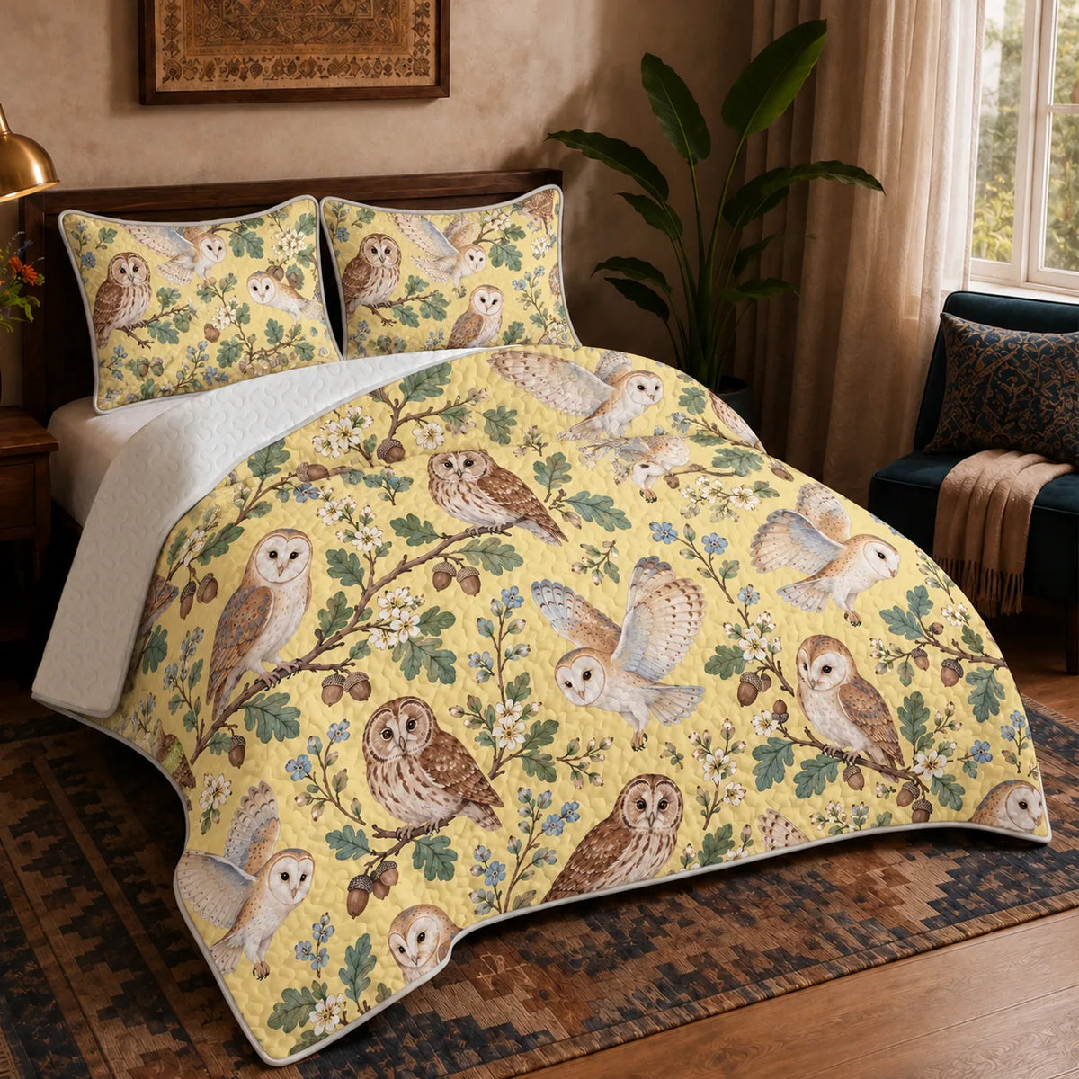 Tiny Ditsy Owl quilt set — small barn and tawny owls with oak sprigs, acorns and blue flowers on buttery yellow