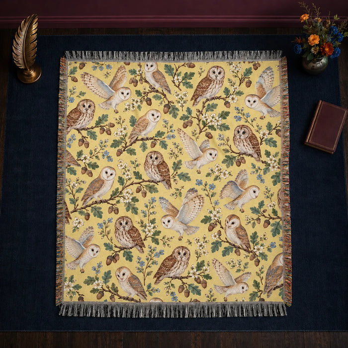 Tiny Ditsy Owl woven throw blanket — small barn and tawny owls with oak sprigs, acorns and blue flowers on buttery yellow