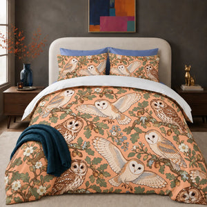 Whimsical Contour Owl comforter set — outlined barn and tawny owls with sage oak leaves, acorns and blue flowers on peach