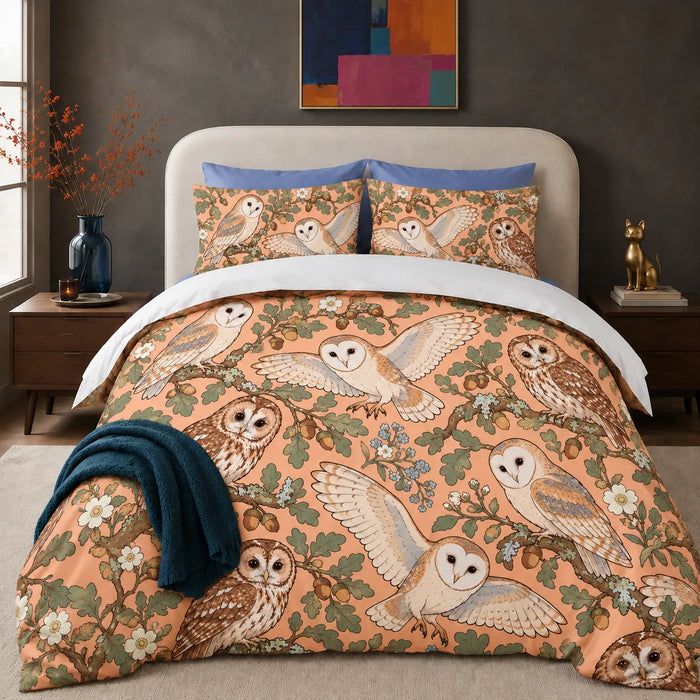 Whimsical Contour Owl comforter set — outlined barn and tawny owls with sage oak leaves, acorns and blue flowers on peach