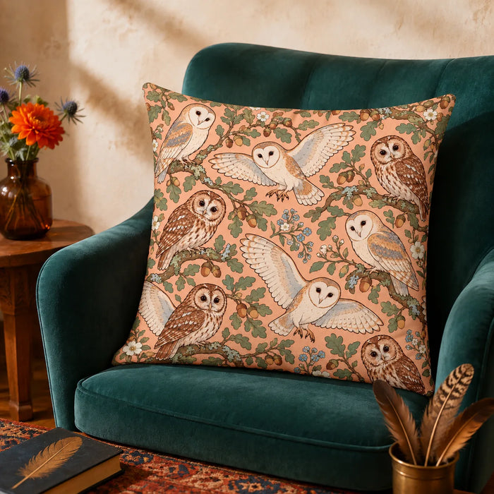 Whimsical Contour Owl cushion cover set — outlined barn and tawny owls with sage oak leaves, acorns and blue flowers on peach