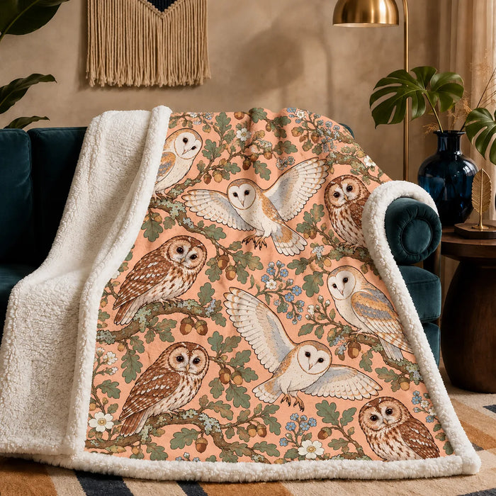Whimsical Contour Owl sherpa blanket — outlined barn and tawny owls with sage oak leaves, acorns and blue flowers on peach