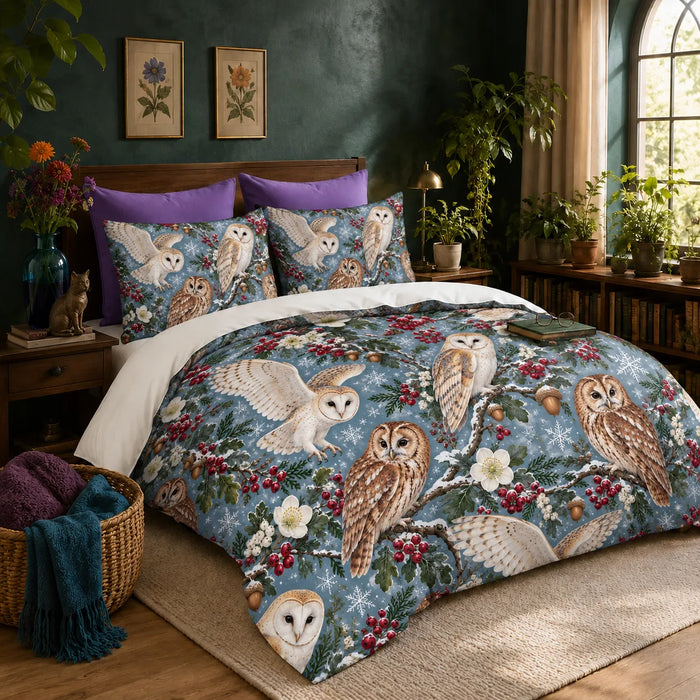 Winter Garden Owl duvet cover set — barn and tawny owls on snowy branches with red berries and snowflakes on dusty blue