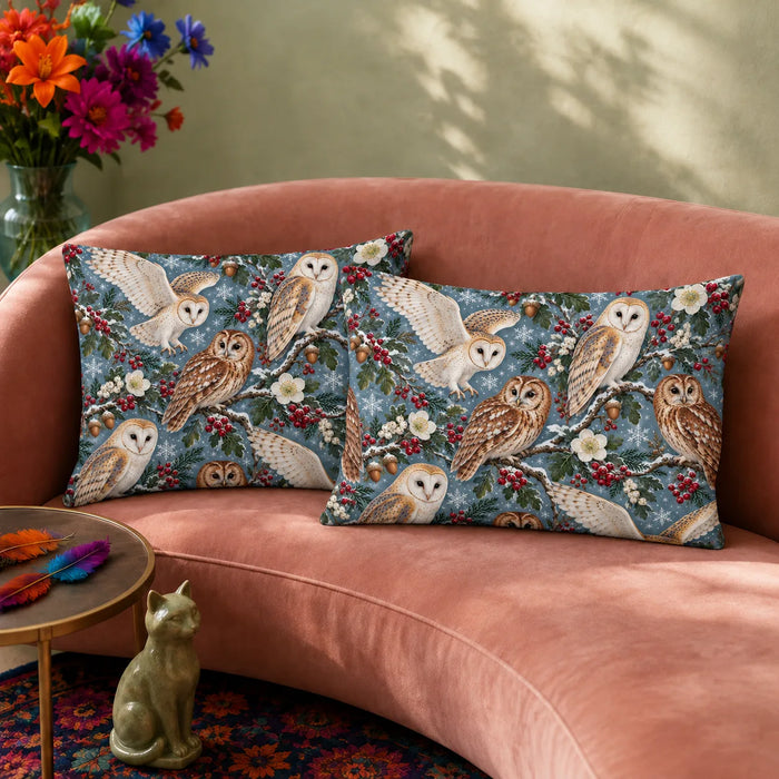 Winter Garden Owl pillowcase set — barn and tawny owls on snowy branches with red berries and snowflakes on dusty blue