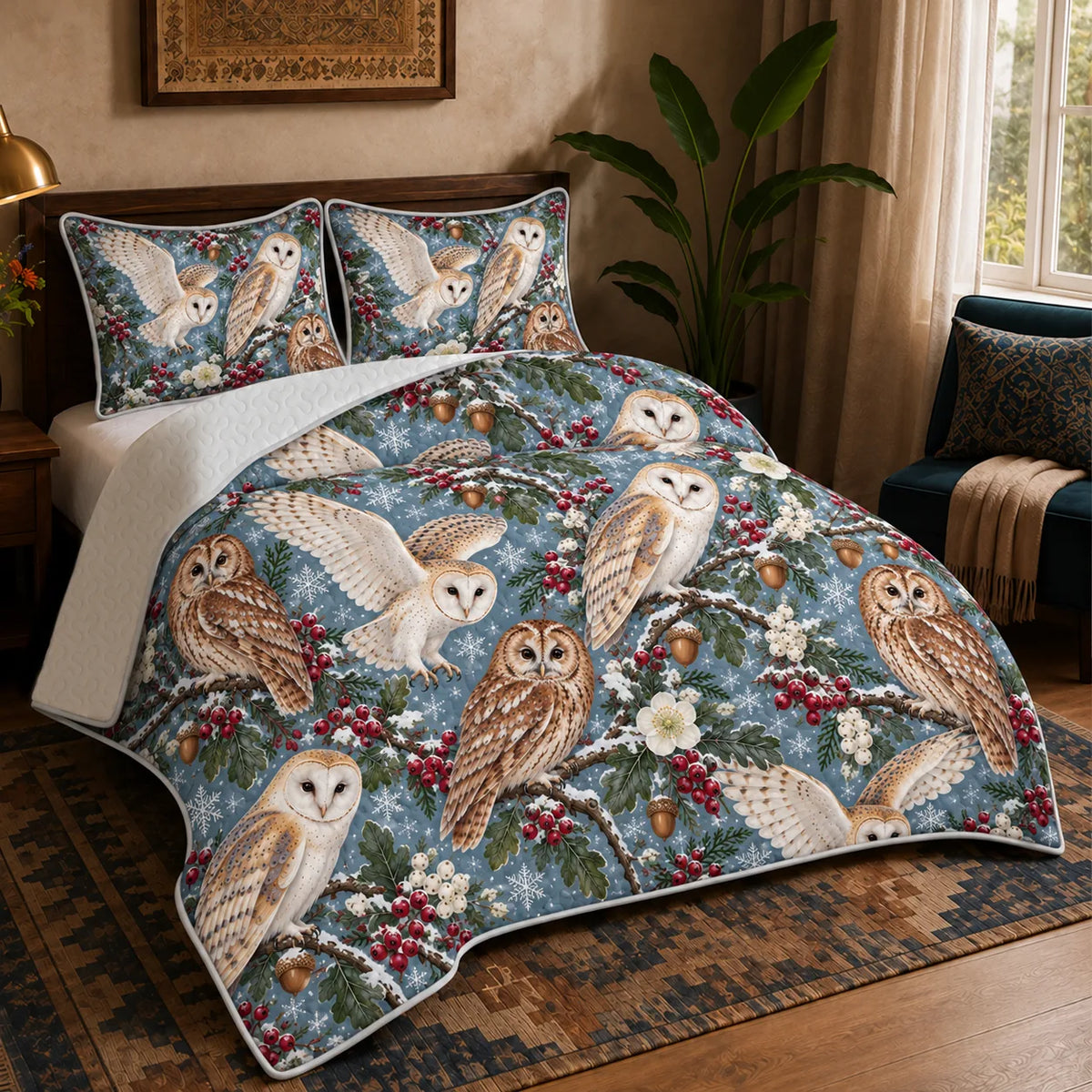 Winter Garden Owl quilt set — barn and tawny owls on snowy branches with red berries and snowflakes on dusty blue