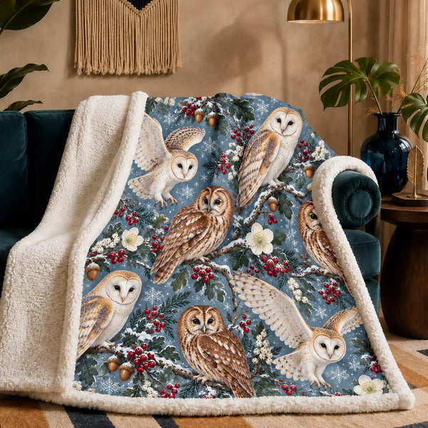 Winter Garden Owl sherpa blanket — barn and tawny owls on snowy branches with red berries and snowflakes on dusty blue